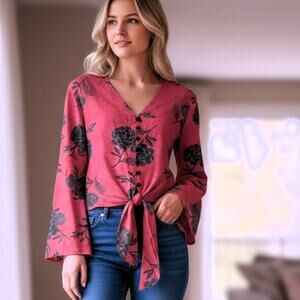 Bombay Paisley Bell Sleeve Top Womns Medium Watermelon Floral Tie Hem Blouse